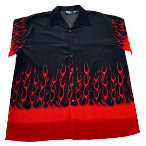 Moon VTG Y2K Flame Print Button Up Shirt Mens XL 90s Korea Streetwear Rockabilly